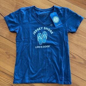 Life Is Good Blue Jersey Shore V-Neck Crusher Tee with Flip-Flop Graphic